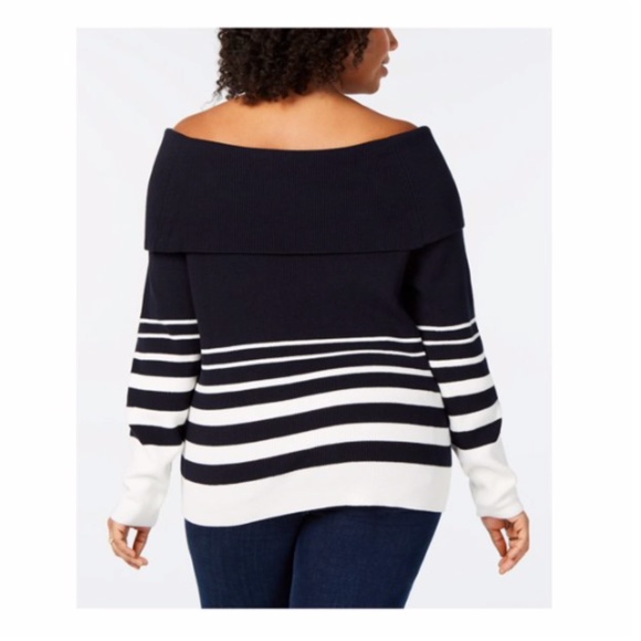 TOMMY HILFIGER Womens Long Sleeve Off Shoulder Sweater In Navy And White - Picture 2 of 2